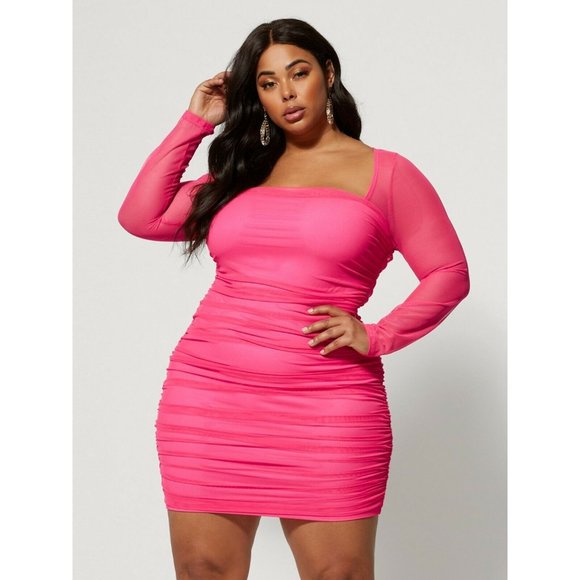 Fashion to Figure | Dresses | Fashion To Figure Plus Size Neon Pink Sheer  Ruched | Poshmark
